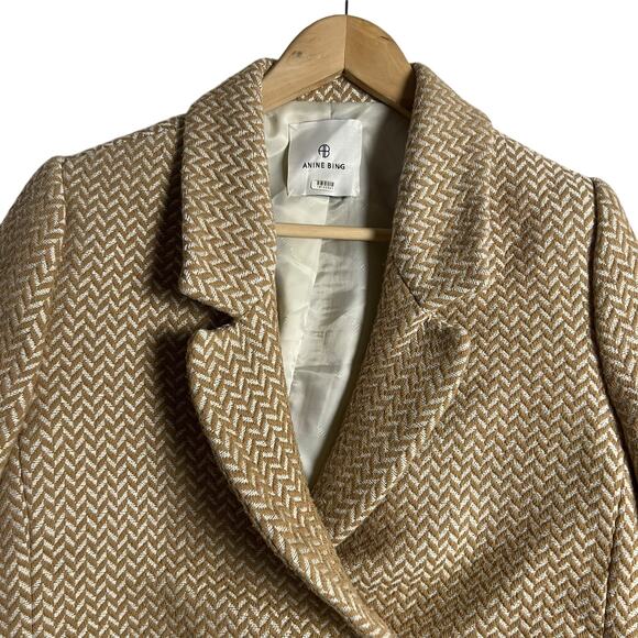Anine Bing Tan Fishbone Wool Blend Double Breasted Relaxed Blazer Jacket Size S - Picture 7 of 16